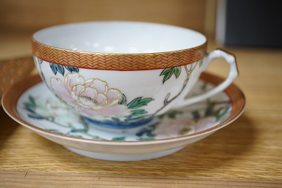 A Japanese Satsuma pottery square dish, Meiji period, signed Kyozan, together with a fine Japanese Kutani eggshell porcelain teacup and saucer. Largest 15cm. Condition - good